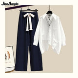 Yipinpay Women's Fashion Set 2024 Spring Autumn New Splicing Shirt+Elastic Waist Wide Leg Pants Two Piece Korean Chic Blouse Trouser Suit