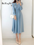 Yipinpay Women V-neck High Waist Dress Solid Elegant Luxury Long Midi A Line Dress Female Kpop Style Retro Ladies Vestidos