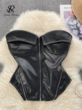 Yipinpay Strapless PU Leather Short Tank Top Fashion Zipper Design Slim Chic Backless Camis Ladies Streetwear Club Sexy Top