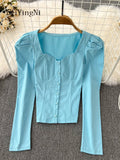 yipinpay Women's Sexy Shirts Long Sleeve Vintage Y2K Square Collar Elegant Slim Blusas Ladies OL Trendy Ruched Crop Top Female