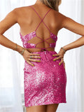 Yipinpay Shiny Sequins Club Party Mini Dress Women Sexy Spaghetti Straps Cutout V-Neck Short Dress Street Prom Backless Vestidos