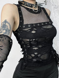 Yipinpay Cyber Y2k Hole Vest Women Streetwear Harajuku Vintage Gothic Sexy O-neck Mesh Patchwork See Through Crop Tank Tops Femme