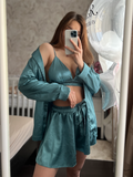 Yipinpay Satin 3 Pieces Women Long Sleeve With Shorts Sexy Suit Lapel Top And Corset Top 3 Pieces Female Home Set Lounge Wear