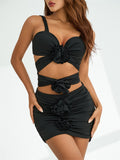 Yipinpay Flower Decor Bodycon Dress Set Women Sexy Suspender Cutout Crop Tank Tops+Ruched Mini Skirts Party Clubwear Suit