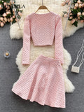 Yipinpay Spring Summer Fashion Small Cute Elegant Sweet Women's Skirt Suit Long Sleeved Suit Short Coat Top A-line Skirt 2-piece Set