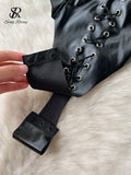 Yipinpay Drawstring Women Rompers Summer Solid Lace-Up Design Fashion Slim PU Leather Ladies Sexy Streetwear 2024 Bodysuits