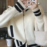 Yipinpay Winter New Lapel Contrast Color Zipper Sweater Jacket Women's Design Sense Niche Loose Turtleneck Knitted Cardigan Top