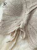 Yipinpay Beachwear Sexy Two Pieces Sets Women Halter Backless Camisole+Hook Flower Hollow Skirt Fashion Vintage Knitted Suit