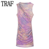 Yipinpay Print Tulle Short Dresses For Women Ruched Mesh Mini Dress Woman Beach Summer Dress Women 2023 Sleeveless Party Dresses