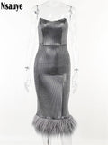 yipinpay Strapless Sexy Backless Midi Dress Evening Party Club Elegant Fashion Auutmn Faux Fur Slim Dresses Women Outfits 2023