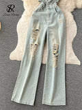 Yipinpay American Retro Streetwear Denim Jumpsuits Zipper Pocket High Waist Wide Legs Ripped Pants Summer Women Slim Rompers