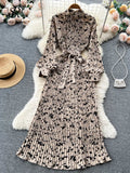 Yipinpay Senior French Retro Dress Turtleneck Long Lantern Sleeves Belt Pleated Women Streetwear Elegant Party Vintage Dress