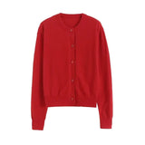 Yipinpay Women Red Knit Crop Cardigan Long Sleeve O Neck Single Breasted Female Sweater Coat