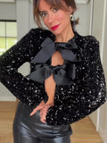 Yipinpay Shining Sequin Mini Dress For Women Long Sleeve Bowknot Chic Short Dresses Female Elegant Holiday Evening Party Looks
