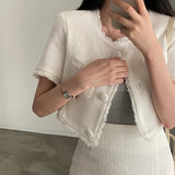 Yipinpay Chic Summer Elegant Round Short Sleeve Pink Tweed Jacket Short Tassel Shirt Mini Skirt Sets 2023 Fashion