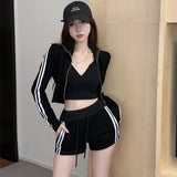 Yipinpay Sports Style Suit Women's Summer Long-sleeved Hooded Zipper Coat High Waist Shorts Casual Two-piece Set Female Clothes