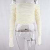 Yipinpay Women's T-shirt Off-the-shoulder Chic Solid Color Long Sleeve Ruched Pleated Mesh Crop Tops Casual Fashion Slim Tee Y2k