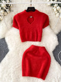 Yipinpay Sweet Fur Women Suits O Neck Short Sleeves Hollow Out Tops+Mini Bodycon Skirt 2024 Korean Style Streetwear Fashion Set