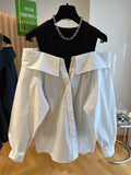 Yipinpay Shoulder Design Loose Vest Sexy Patchwork Y2k Long Sleeve Shirt Fake Two Piece Top Blusas Mujer Casual Blouse Shirts Coat