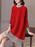 Yipinpay pleated contrast color half-high neck dress women loose split long-sleeved belly show fashionable high-end dress female