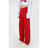 yipinpay Size Red High Waist Women's Jeans Wide Leg Baggy Chic Design Denim Pants Streetwear Vintage Summer Straight Jean Trouser