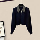 Yipinpay Women's Autumn Winter New Polo Neck Knitted Sweater Slim Jeans Two Piece Korean Elegant Zipper Cardigan Denim Pants Matching Set