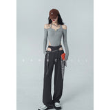yipinpay Suit Pants High Waist Summer Grey Vintage Wide Leg Trouser Straight Street Baggy Hollow Out Design Office Ladies Pants