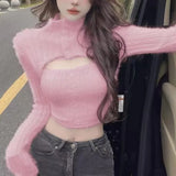 Yipinpay High Collar Sweaters Long Sleeve Top Mink Cashmere Sweet Solid Soft Mohair Pink Sweater Women Sueters De Mujer Crop White