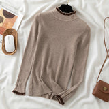 Yipinpay High Neck Knit Sweater Women's Autumn/Winter 2024 New Button Spliced Lace Fungal Edge Top Long Sleeve Slim Bottoming Shirt