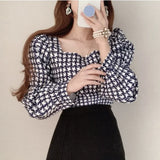 Yipinpay Crop Tops Blusa Mujer Vintage Square Collar Puff Long Sleeve Shirts Slim Thousand Bird Plaid Shirt Spring Blouse Lace Up