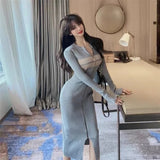 Yipinpay Hip Contrast Grey Black Striped Dress Women Robe Casual Wild Vestidos Knitted Zipper Dress 2023 Ropa Sweater Pencil