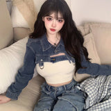 Yipinpay Korean Chic Inner Short Tube Top Vintage Sweet Spicy Jeans Long Sleeve Short Coat Trendy Two Piece Set Women Outfits