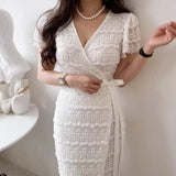 Yipinpay De Mujer Elegantes V-neck Lace Up Waist Palace Style Lace Hook Flower Dress Women Robe Femme White Jacquard One Piece