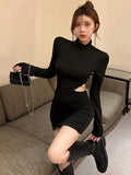 Yipinpay Hollow Out Sexy Dresses Women Chain Backless Long Sleeve Half High Collar Black Slim Stretch Elegant Party Dress Ladies