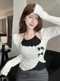 Yipinpay Women Two Pieces Set Halter Top Korean Fashion Gyaru Long Sleeve Crop Tops T-Shirts Y2k Streetwear Tees Coquette Girl New
