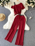 Yipinpay Vacation Casual Sports Suits Summer Off Shoulder Short Camis Tops+High Waist Wide Leg Pants Women Y2K Two Pieces Sets