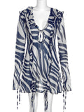 Yipinpay MO Chiffon Sheer Bandage V-Neck Longsleeve Mini Dress For Women Sexy Zebra Print Slim See Through Beach Holiday Dresses