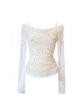 Yipinpay Women White Star Print T-shirt Harajuku Korean Y2k Tee Top Korean Fashion Vintage Slim Fashion Chic T-shirt Clothes 2024 Summer