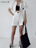 Yipinpay Streetwear Cotton Linen Women 2-Pieces Suits With Shorts Casual Shirts And Letter Shorts Outfits Summer Ladies Sets