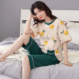 Yipinpay Women Pajamas 2024 New Cute Cartoon Short-Sleeved Shorts Pijamas Two-Piece Ladies Loose Nightie Sleepwear Home Clothes