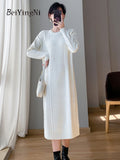 yipinpay White Oversized Sweater Midi Dresses for Women Plain Retro Twisted Thicken Stylish Knitted Dress Women Split Warm Robe