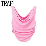 Yipinpay 2023 Pink Crop Top Women Ruched Tank Tops Y2k Streetwear Sleeveless Sexy Tops Woman Fashion Asymmetric Summer White Top