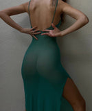 Yipinpay Women Sling Dress Spaghetti Strap Low-Cut See-Through Slit Dress For Club Party Skin-Friendly Casual Simple Style Blue-Green