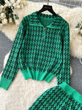 Yipinpay American Retro Sweater Suits Zipper Polo Collar Loose Pullover+Wide Legs Long Pants Winter Thick Geometric Women Sets