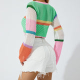 Yipinpay Women Summer Crop Tops Sweater Sexy Hollow Out Splicing Crochet Square Neck Long Sleeves Knitted Camisole Streetwear for Girls