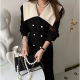 Yipinpay Fishtail Turn Down Collar Contrast Patchwork Robe Femme Vestidos Mujer Elegant Long Sleeve Double Breasted Slim Dresses