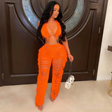 Yipinpay Women's Sexy Solid Color Fringe Knitted Halter Cup Cover And Cutout Trousers Two-Piece Set Summer Fashion Trend Trouser Suit