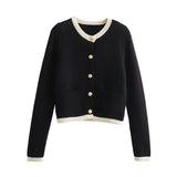 Yipinpay New 2024 Women Single Breasted Knit Cardigan Long Sleeve O Neck Female Black Crop Sweater Coat
