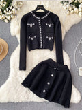 Yipinpay Japan Style Pearls Knit Suits Hidden Breasted Pockets Cardigan+Mini Pleated A Line Skirt Women Sweet Streetwear Sets