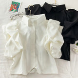 Yipinpay Camisas Tops Mujer 2023 Shirts for Women Lantern Short Sleeve Blouse Black White Roupas Femininas Blusas Pleated Ruffled